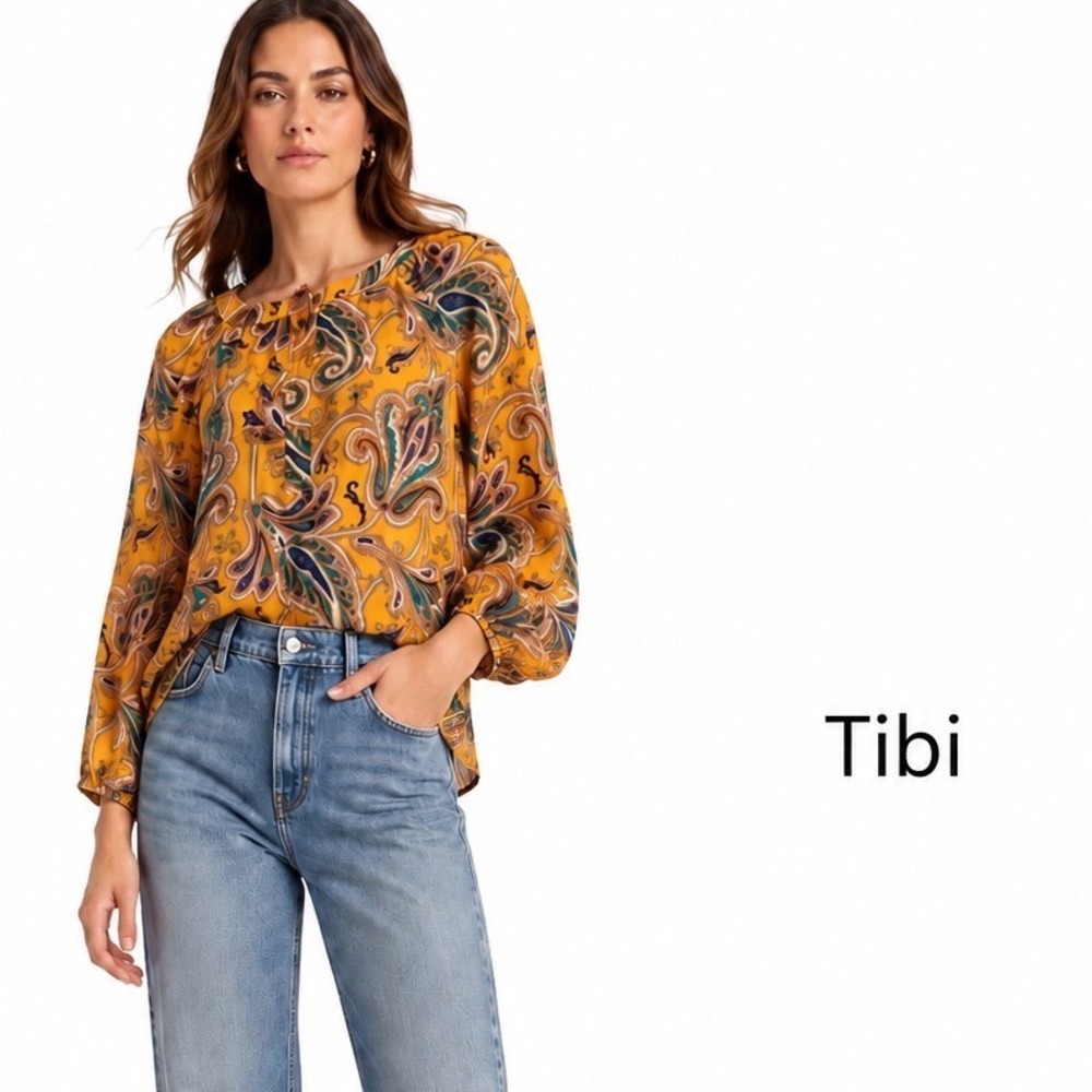Tibi Yellow Paisley Print‎ Balloon Sleeve Blouse Women's Silk Blend Top Small